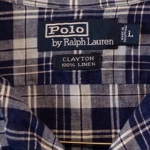 Blue linen plaid short sleeve Polo